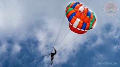 Полёт на парашюте в небе над пляжем
