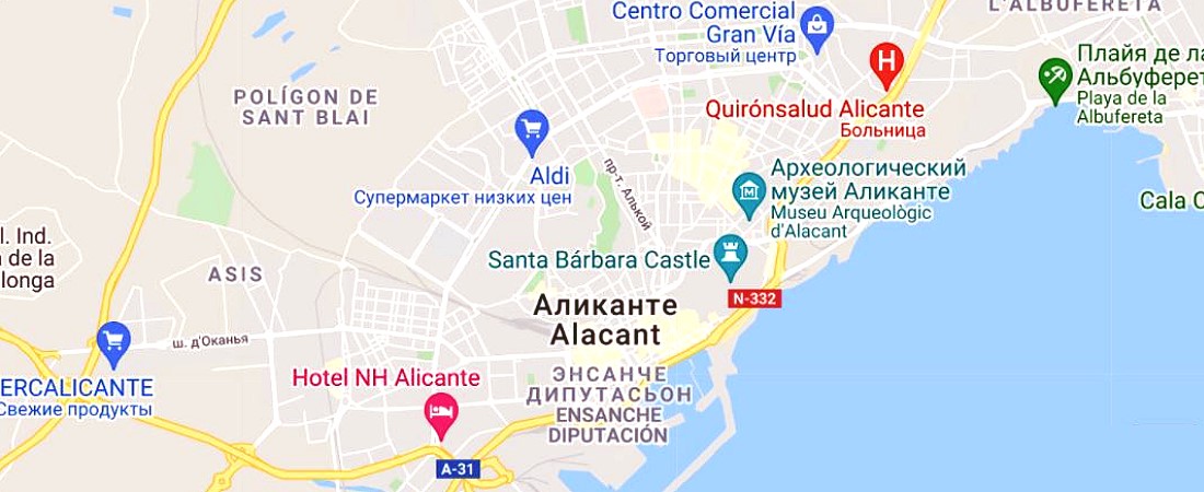 Карта города Аликанте в Испании